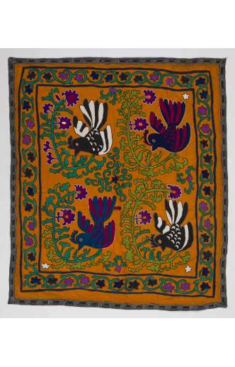 Orange Vintage Embroidery, UZBEK Suzani with Bird Figures / Embroidered Cover / Hanging, 4' 3" x 3' 9" (130 x 115 cm)