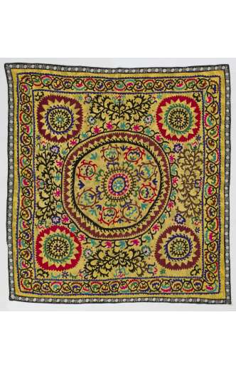 Yellow Vintage Embroidery, UZBEK Suzani with Floral Patterns / Embroidered Cover / Hanging, 4' 3" x 4' 7" (132 x 140 cm)