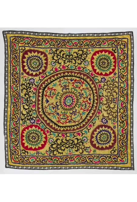 Yellow Vintage Embroidery, UZBEK Suzani with Floral Patterns / Embroidered Cover / Hanging, 4' 3" x 4' 7" (132 x 140 cm)