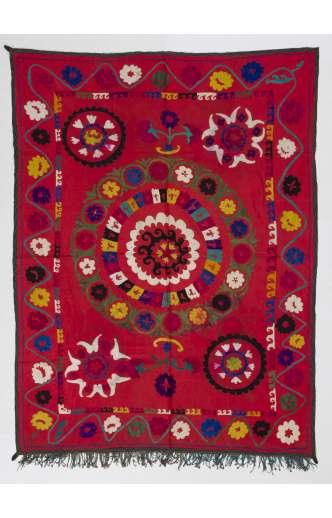 Red Vintage Embroidery, UZBEK Suzani with Floral Patterns / Embroidered Cover / Hanging, 4' 5" x 5' 8" (135 x 175 cm)