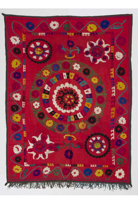 Red Vintage Embroidery, UZBEK Suzani with Floral Patterns / Embroidered Cover / Hanging, 4' 5" x 5' 8" (135 x 175 cm)
