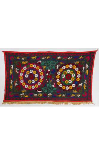 Black Vintage Embroidery, UZBEK Suzani with Floral Patterns / Embroidered Cover / Hanging, 4' 7" x 7' 10" (140 x 240 cm)
