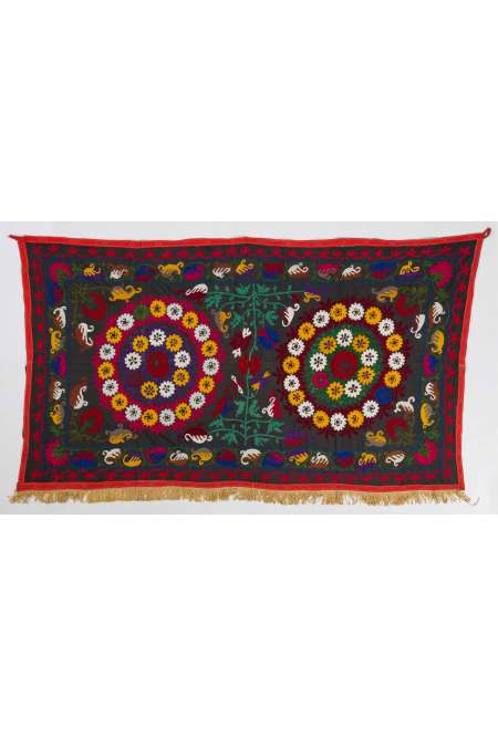 Black Vintage Embroidery, UZBEK Suzani with Floral Patterns / Embroidered Cover / Hanging, 4' 7" x 7' 10" (140 x 240 cm)